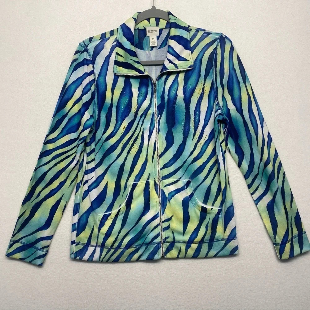 Zenergy Chicos Watercolor Tiger Stripe Zip Hoodie‎ Sweatshirt Blue 0/XS